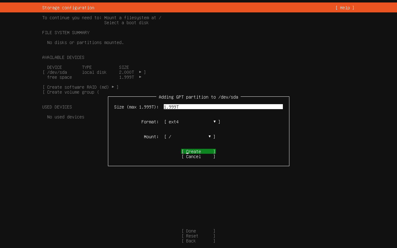 Ubuntu create root partition screen