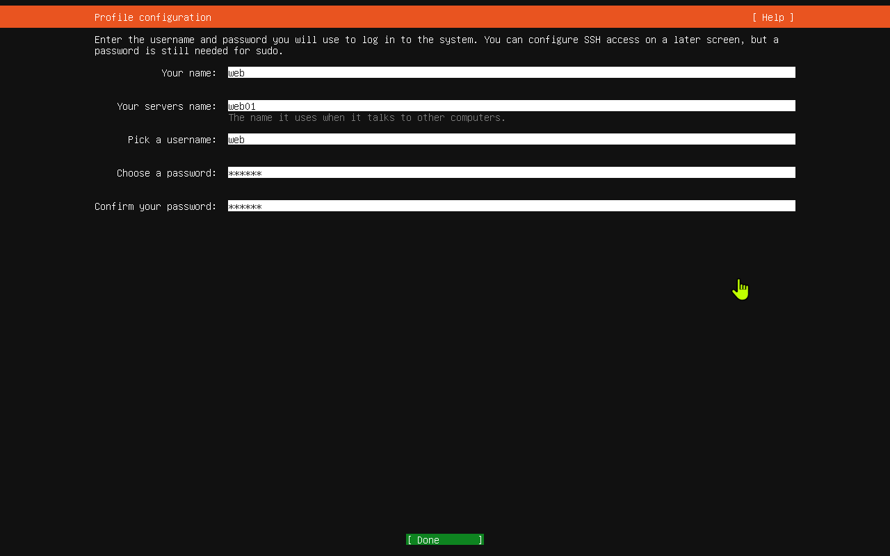 Ubuntu profile configuration screen
