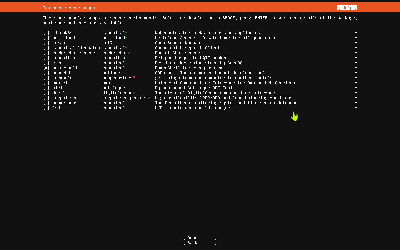 Ubuntu featured server snaps list with powershell selected