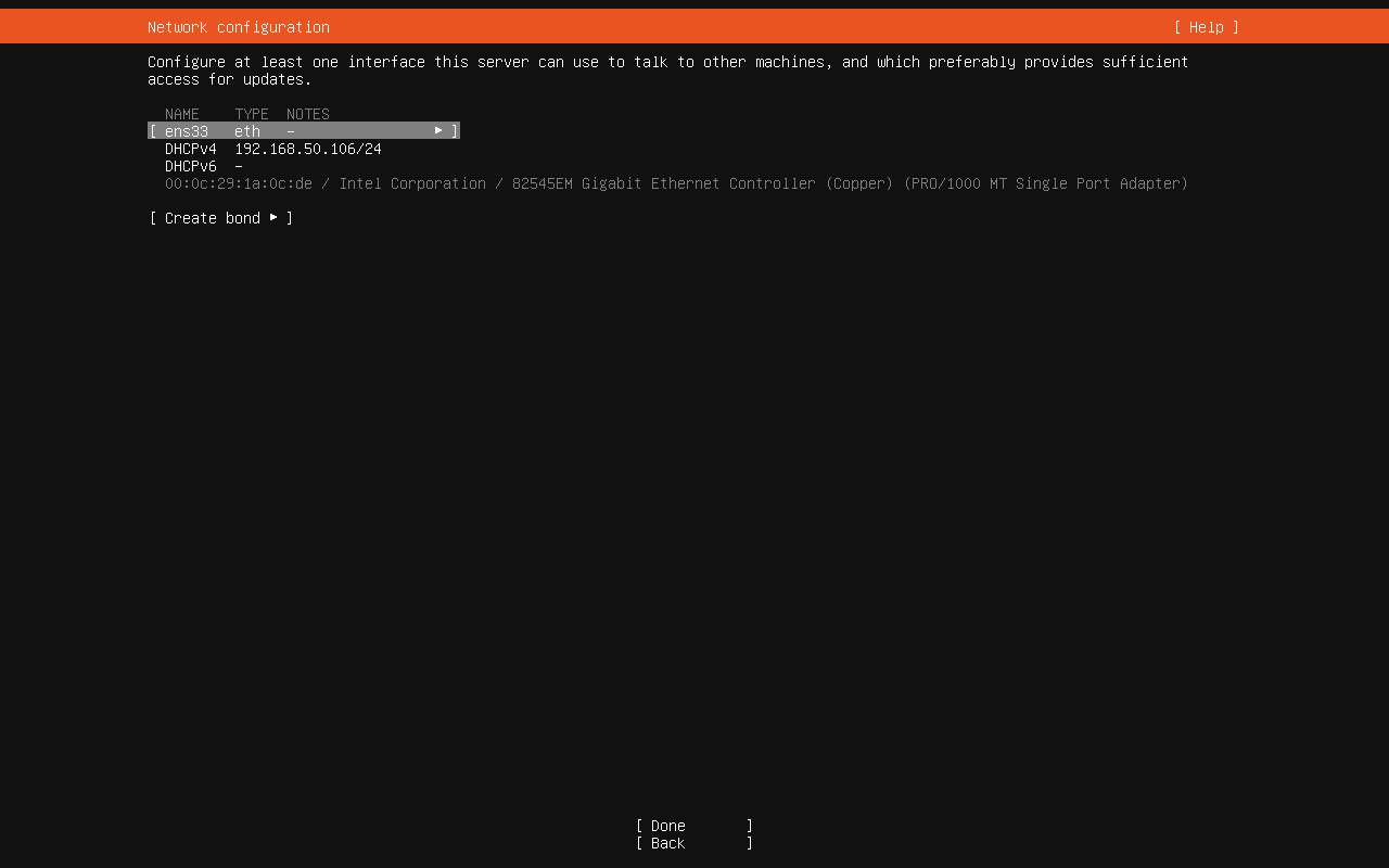 Ubuntu network configuration showing DHCP address