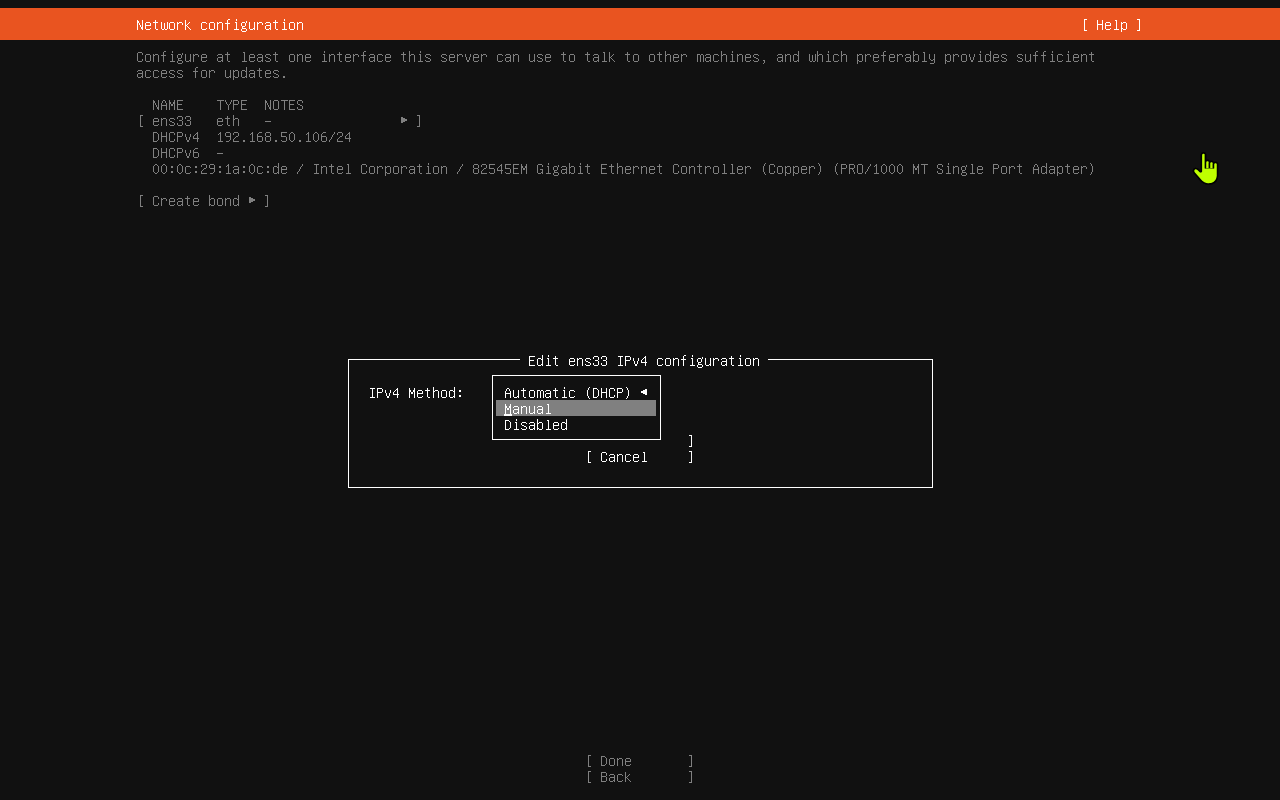 Ubuntu IPv4 method dropdown set to Manual