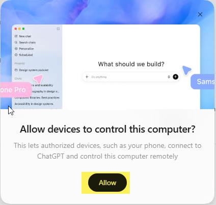 Allow devices to control this computer confirmation with Allow highlighted