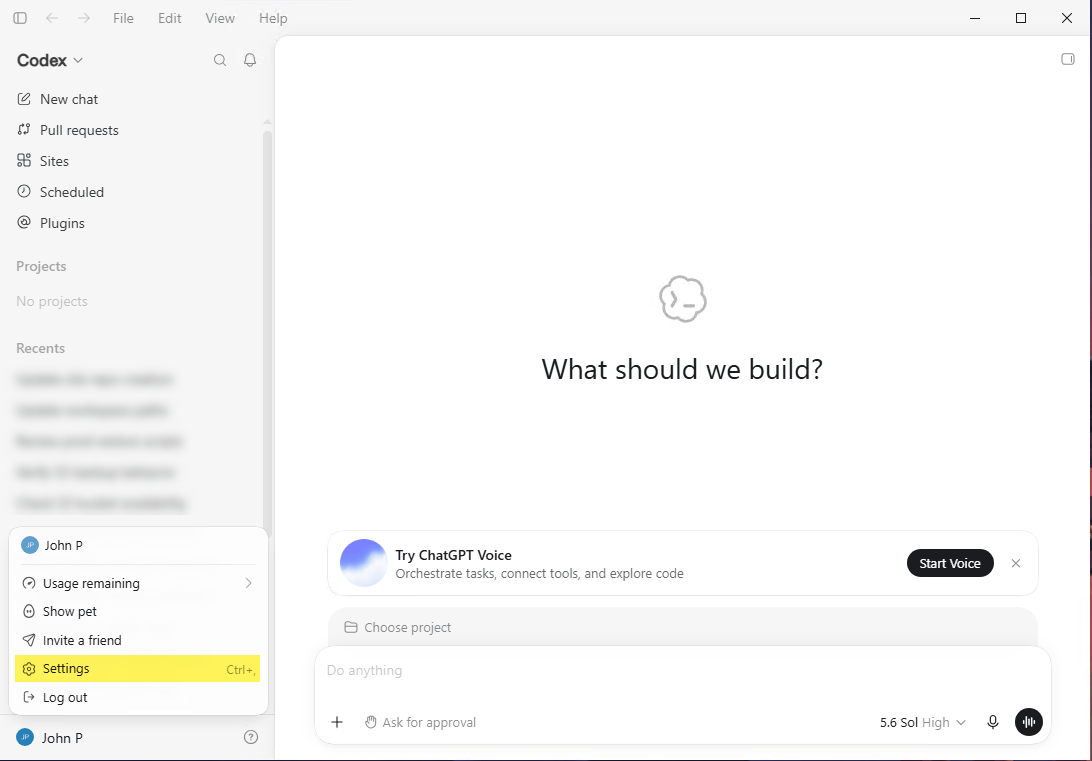 ChatGPT desktop app with Settings highlighted in the account menu