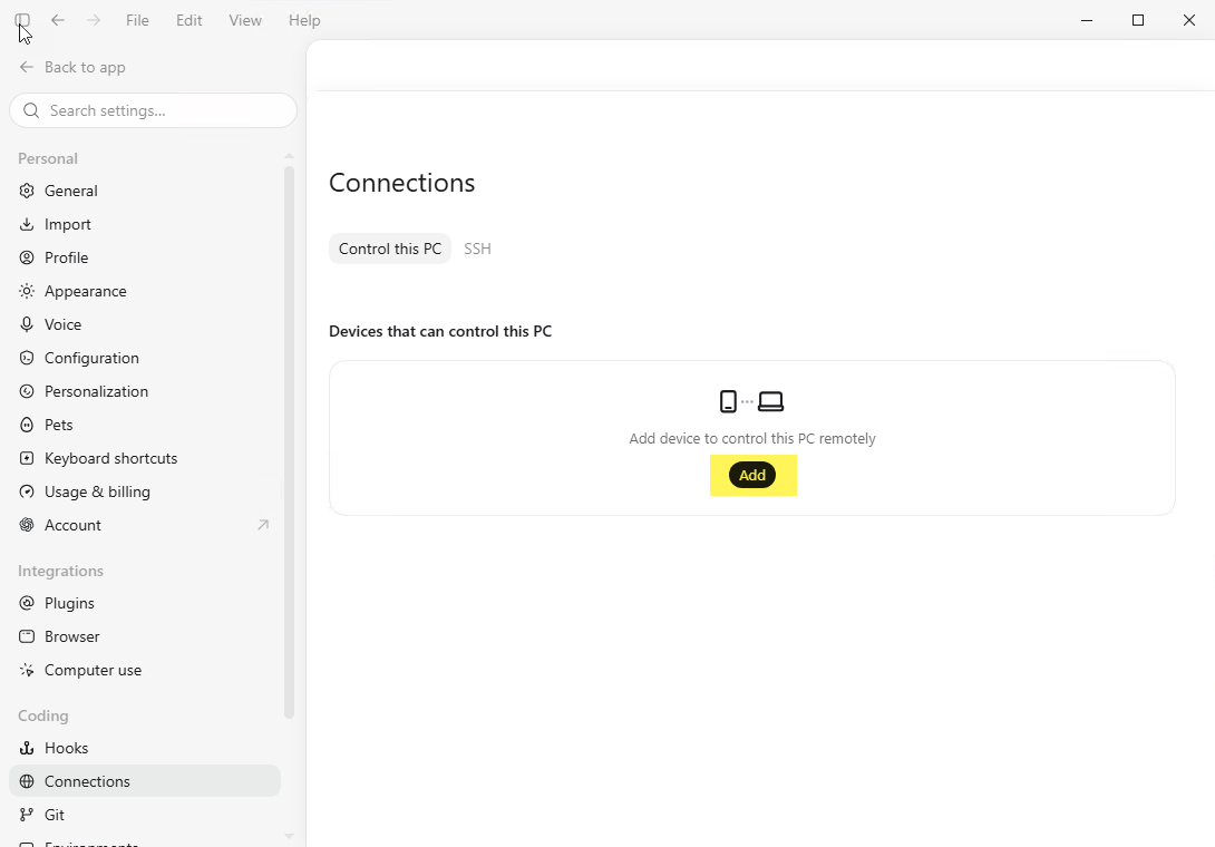 ChatGPT Settings Connections page with Add highlighted under Control this PC