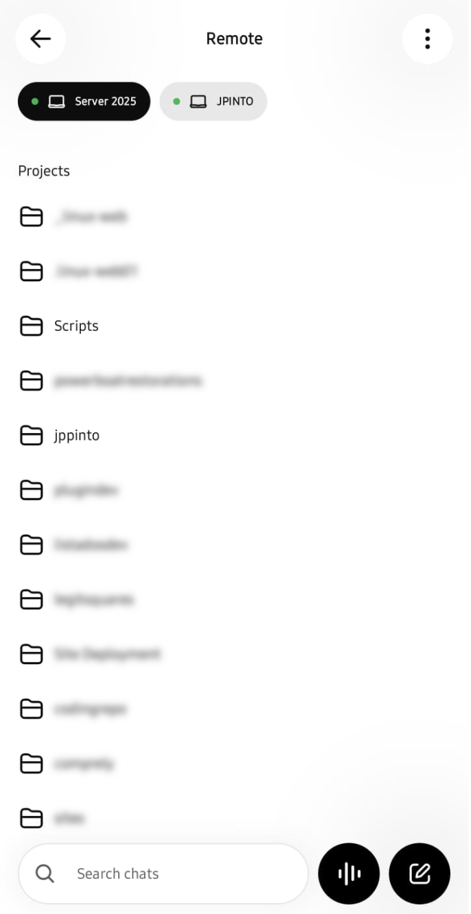 ChatGPT mobile Remote screen showing connected computers and project folders