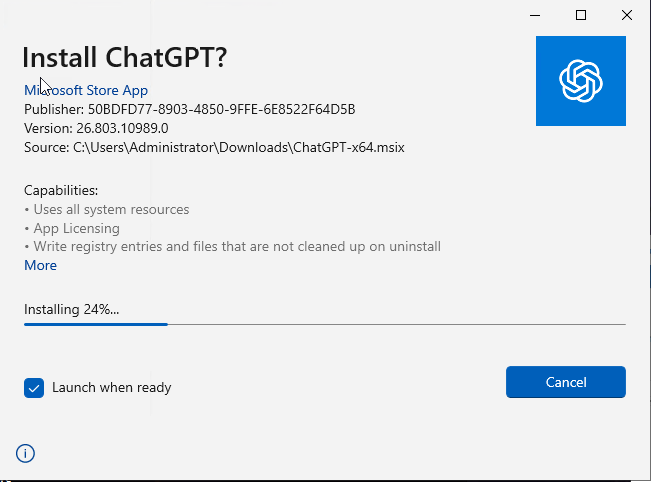 ChatGPT MSIX installation progress in Windows App Installer