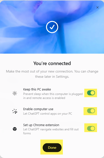ChatGPT remote connection options for keeping the PC awake, enabling computer use, and setting up the Chrome extension