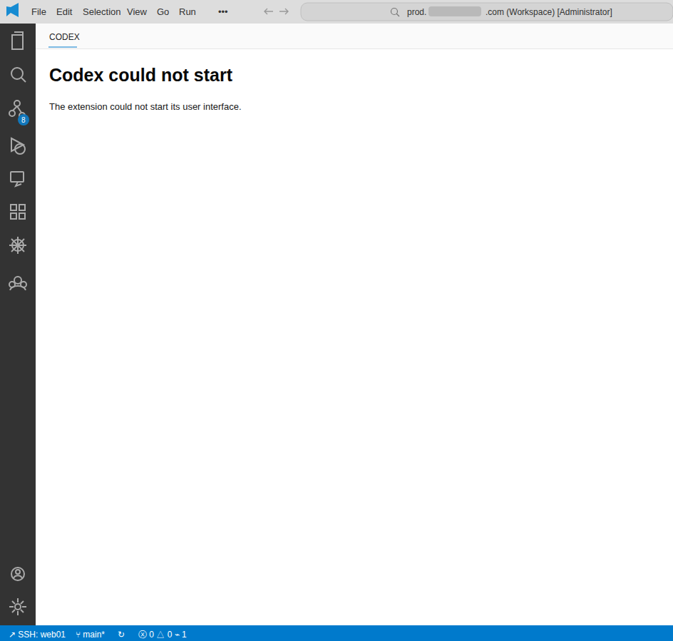 Visual Studio Code connected to web01 through Remote SSH and showing Codex could not start because the extension could not start its user interface