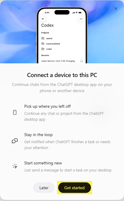 Connect a device to this PC screen with Get started highlighted