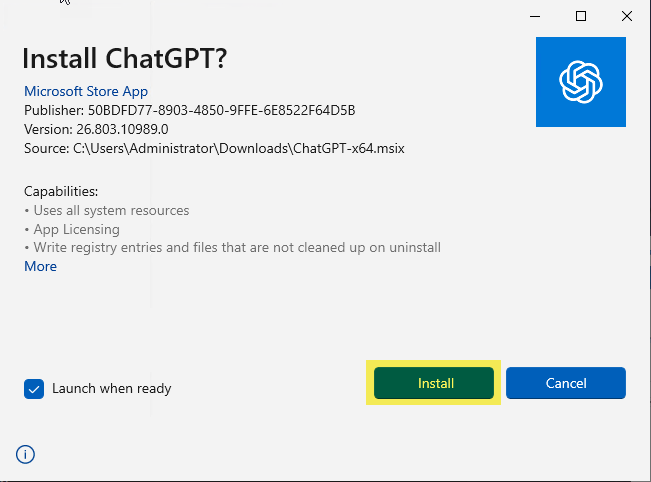 Windows App Installer screen for the ChatGPT x64 MSIX with the Install button highlighted