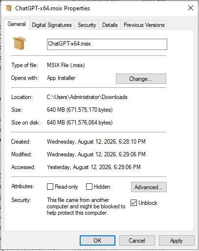ChatGPT-x64.msix Properties window with the Windows Unblock checkbox selected