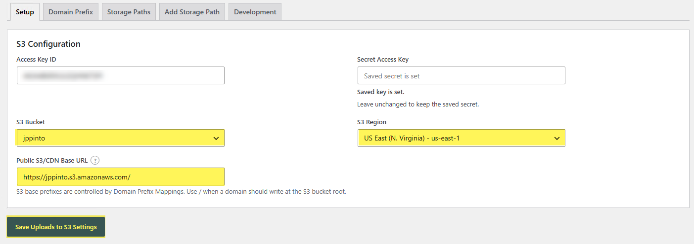 Uploads to S3 settings for an S3 bucket, AWS region, and optional public URL