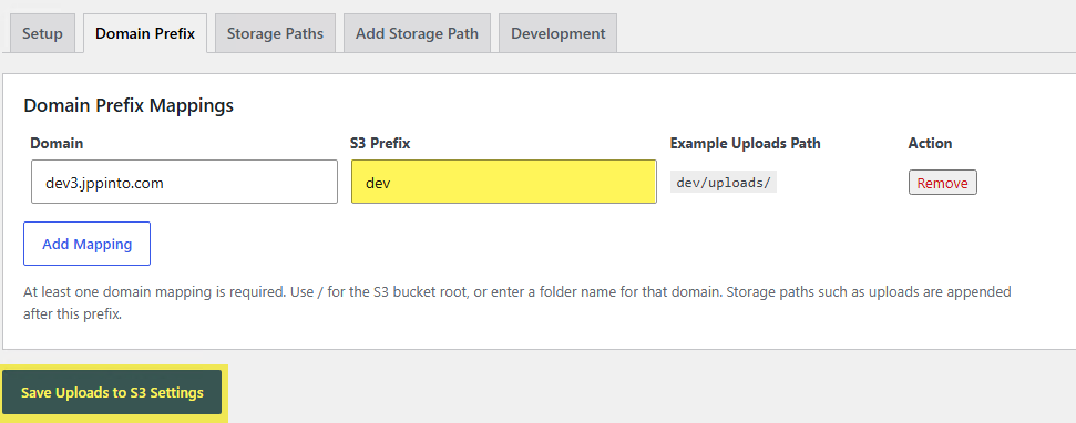 Domain Prefix Mappings screen mapping a WordPress domain to the dev S3 prefix