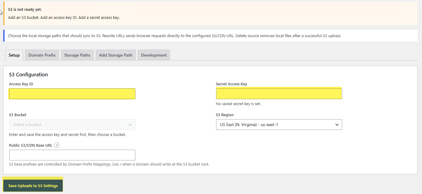 Uploads to S3 setup screen with empty AWS access key and secret key fields