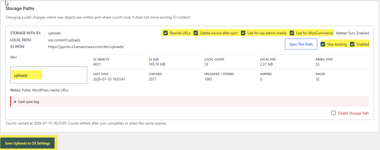 Uploads to S3 storage path settings and sync status for wp-content uploads
