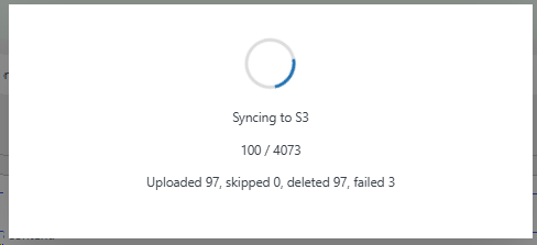 Uploads to S3 progress window showing uploaded, deleted, and failed file counts