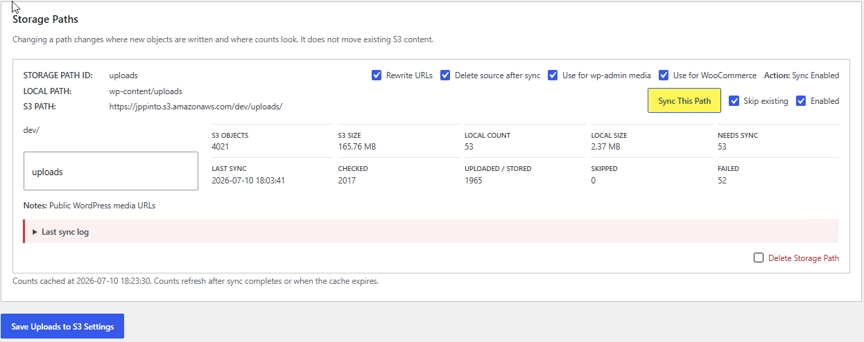 Sync This Path button in the Uploads to S3 storage path settings