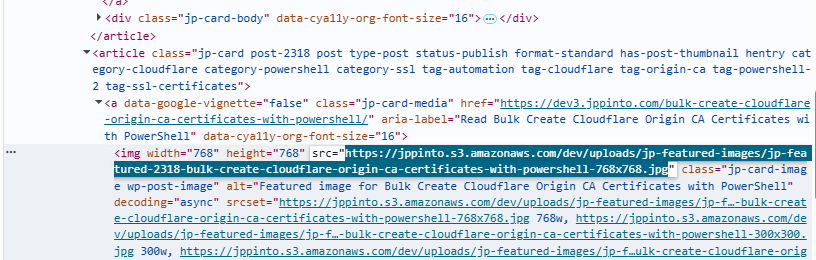 Browser developer tools showing a WordPress image URL served from an Amazon S3 bucket